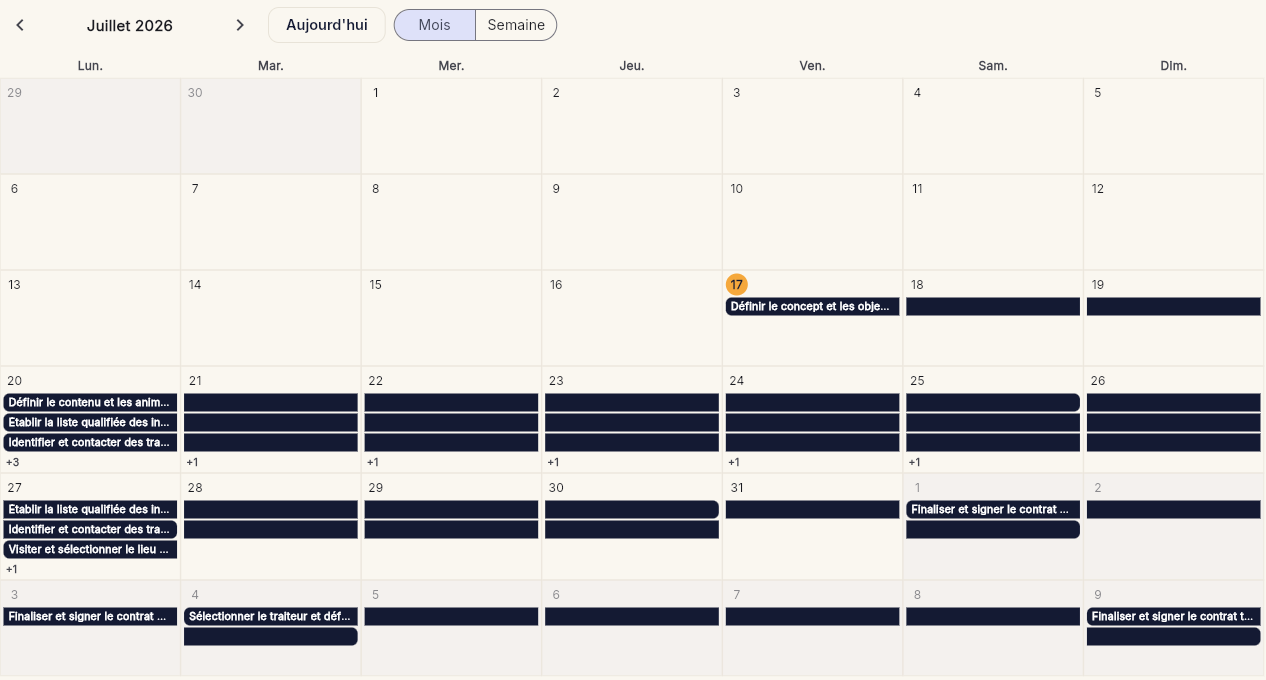 Vue calendrier TadaPlan : les tâches de l'événement posées sur un calendrier mensuel