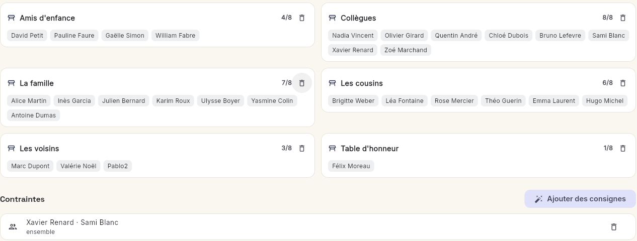 Consignes de placement en langage naturel dans TadaPlan : « Xavier et Sami ensemble », tables avec listes d'invités