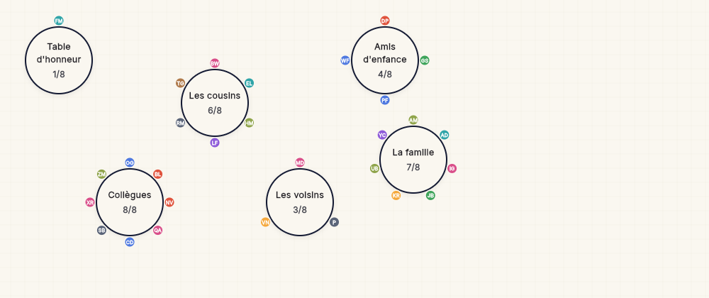 Plan de salle TadaPlan : tables rondes déplaçables avec les invités en points colorés autour de chaque table